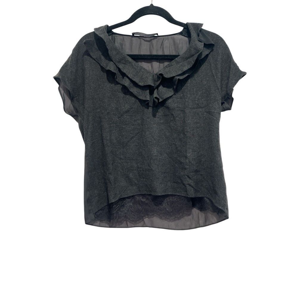 Womens Zara Basic Ruffle Black Short Sleeve Lace Top‎ Blouse Small